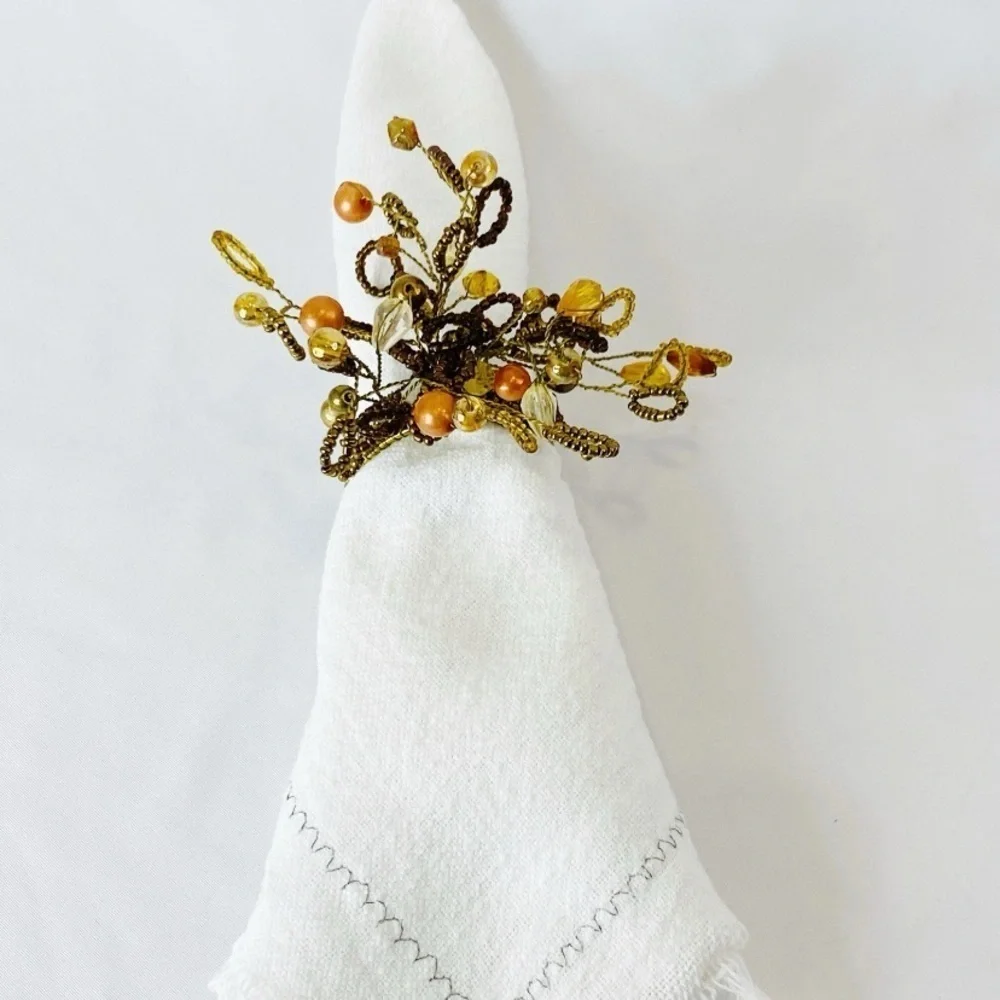Set of 6 Pier 1 Beaded Floral Brown Gold Peach Napkin Rings